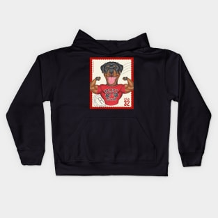 Funny Rottweiler with muscles on classic stamp Kids Hoodie